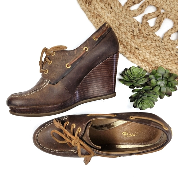 Sperry Top-Sider Seabourn Distressed Brown Oiled Leather Lace-up Wedge Size 9.5 - Picture 1 of 13